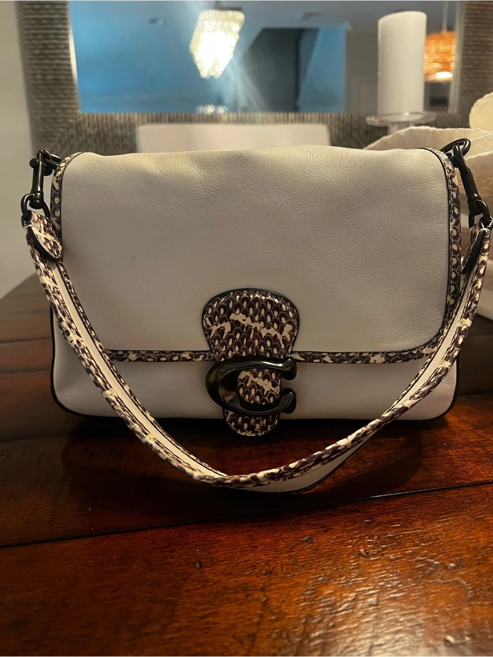 NEW COACH Tabby Handbag — Cream with Snake Print Trim, Gunmetal Hardware